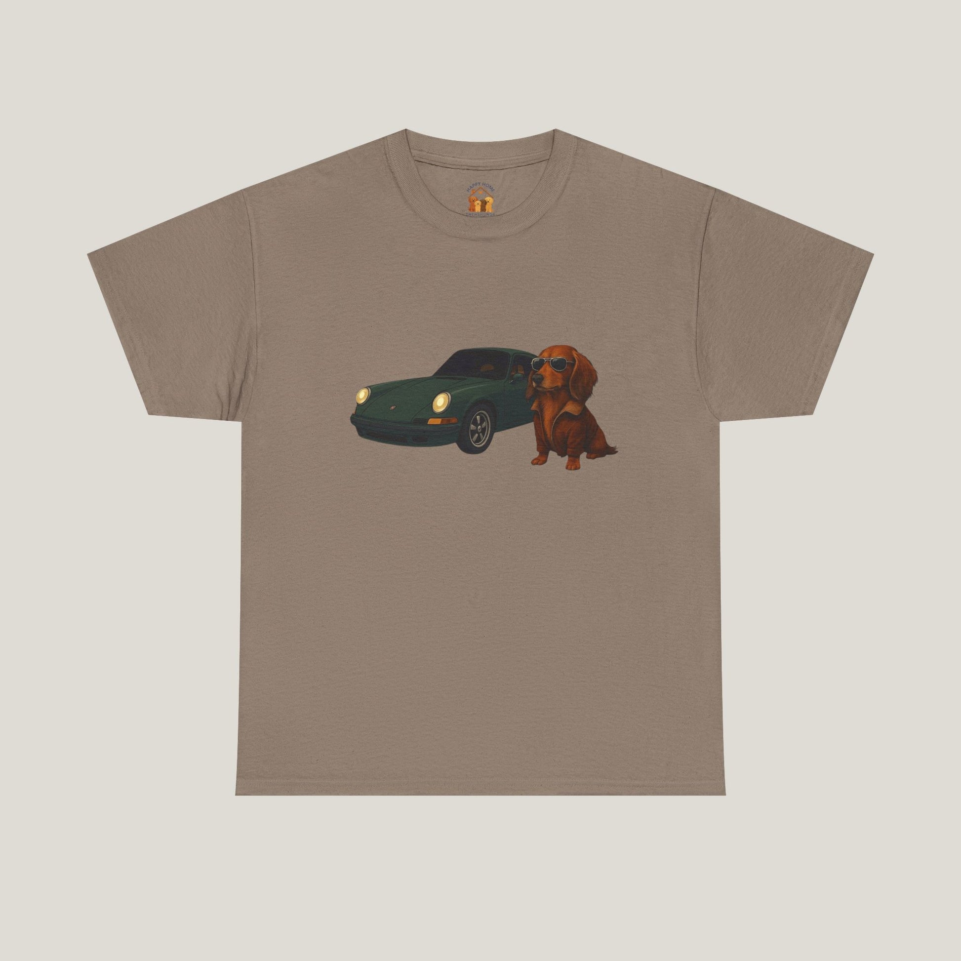 Dachshund next to sportscar